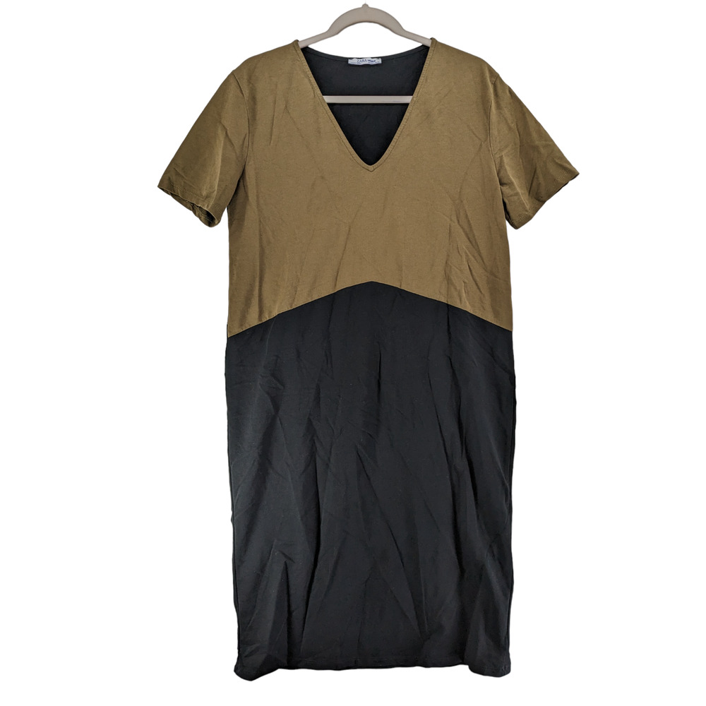Zara Trafaluc Shift Dress‎ Large Green Black Colorblock Short Sleeve V Neck Knee